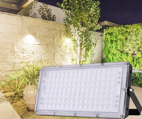 Proyector LED Exterior 100W, 8000LM Focos LED Exterior, Focos Proyector LED IP66 Impermeable , 3200K Blanco Cálido Ultrafino Led Floodlight Foco Reflector LED para Jardín Garaje Terrazas Fábrica Cover