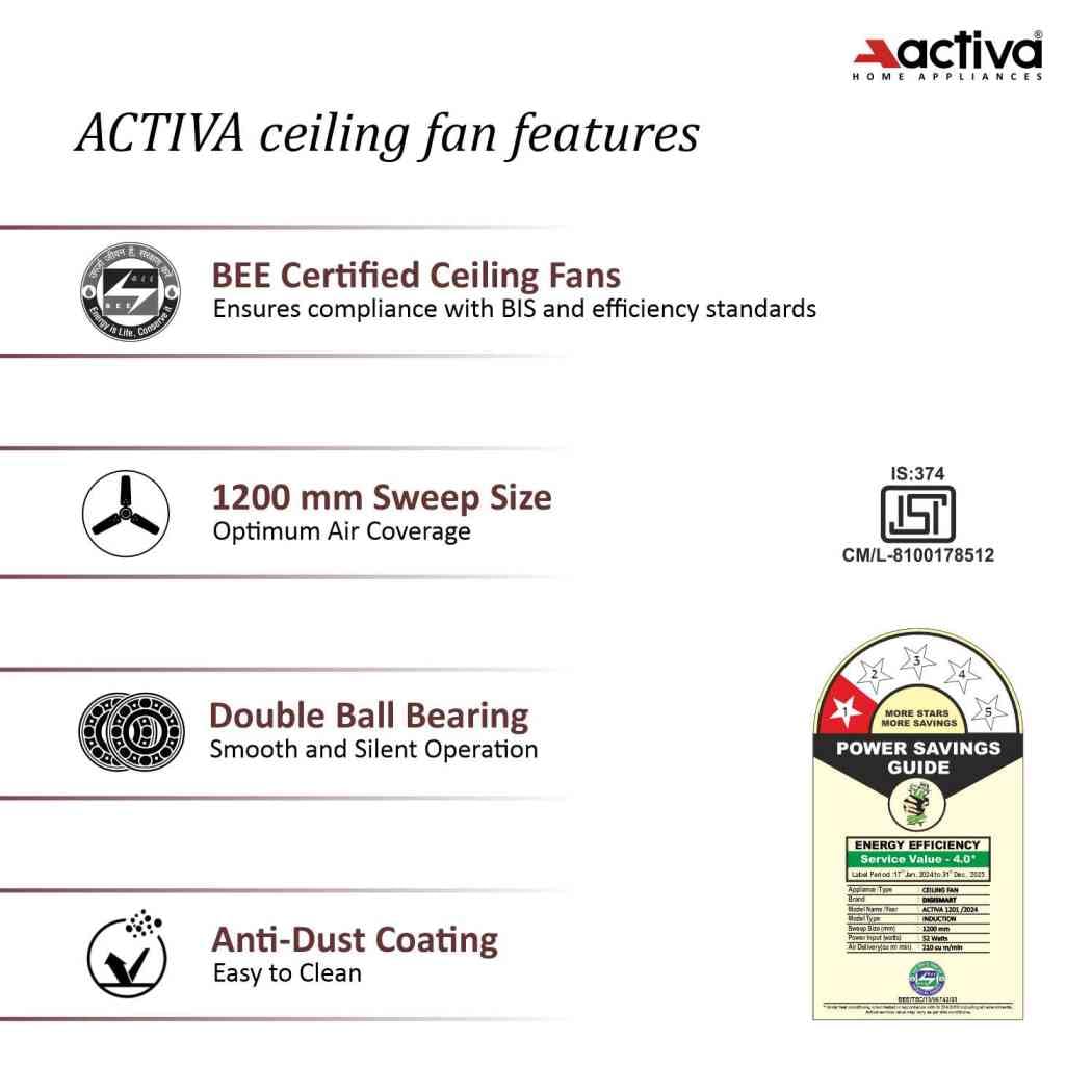 ACTIVA Corolla 1200mm Ceiling Fan, 390 RPM High Speed Air Delivery, 50 Watt Cooper Winding Motors, Anti Dust Coating, Less Noise, Large Sweep, 2 Years Warranty, Pack of 2 (Pearl Ivory) 10 51gIaC1bIGL. SL1050