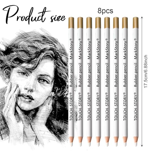 SSKHE 8 PCS Highlight Eraser Pencil for Artists, eraser drawing pencil with a sharpener, Wooden Sketch Eraser Pen, eraser pencils for Sketching Portrait Revise Details - Image 2