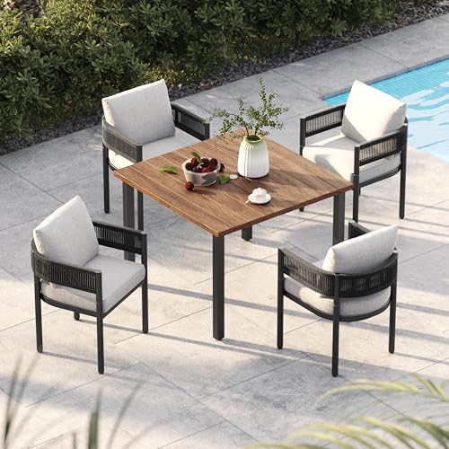 Image of Grand patio 5-Piece Outdoor Dining Set for 4, Metal Woven Wicker Fixed Patio Chairs with Thickened Cushions & 1 Square Woodgrain Dining Table with Umbrella Hole for Backyard Deck (Black)