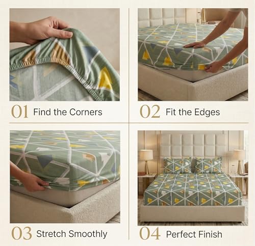 Image of VAS COLLECTIONS King Size Cotton Fitted Bedsheet (78 x 72 + 14 Inches) with Deep Pocket | 220 TC Soft Breathable Wrinkle Free Elastic Bed Sheet for King Mattress | (Geometric)