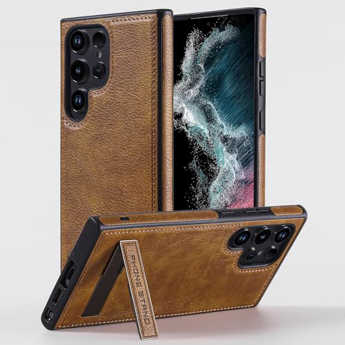 KSELF Leather Case with Stand for Samsung Galaxy S23 Ultra Case Protective Soft Grip Luxury Cover for Men Protective Slim Kickstand Shockproof Phone Cases Compatible with S23 Ultra 6.8 Brown