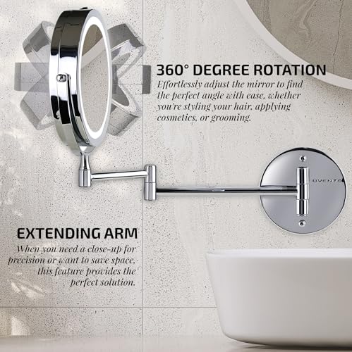 Image of OVENTE 7 inch Wall Mounted Lighted Makeup Mirror, Nickel Brushed MFW70BR1X10X | Cordless Double Sided 1X /10X Magnifying Mirror for Bathroom with LED Lights, 360 Rotation, Extendable Arm, Battery Operated