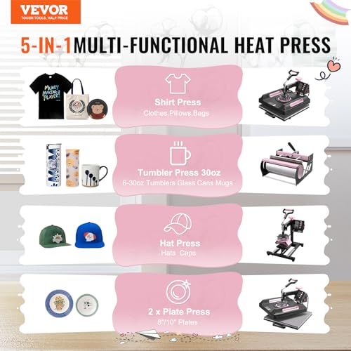 VEVOR Heat Press Machine, 5 in 1 Heat Transfer Machine with 30 oz Tumbler Press, 15 x 15 inch, 360° Swing Away Digital T-Shirt Pressing Machine, Teflon Coating, for T-Shirts/Mugs/Hats/Plates, Black