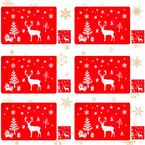 Pwsap 12PCS Christmas PVC Placemats Coasters Set Rectangular Reindeer elk red Christmas Tree Snowflake Washable Heat-Resistant Non-Slip placemat Coaster for Dining Table Decoration