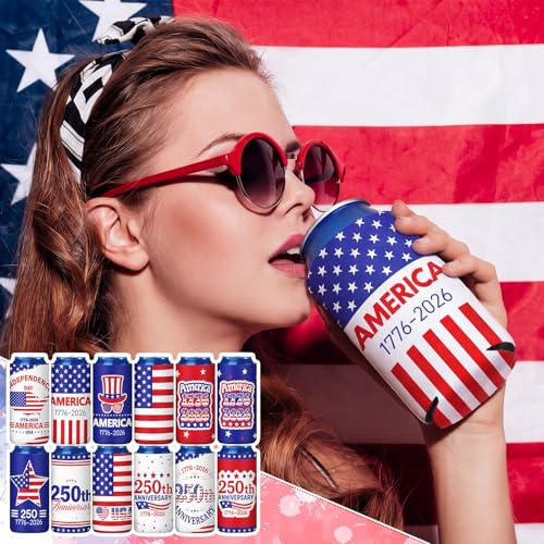 Image of Yungyan 12 Pcs 4th of July American Can Cooler Patriotic Sleeves 250th Anniversary for 1776-2026 Independence Day Red Blue USA Flag Accessories Memorial Day for Party Favors Decoration(Fashion Style)