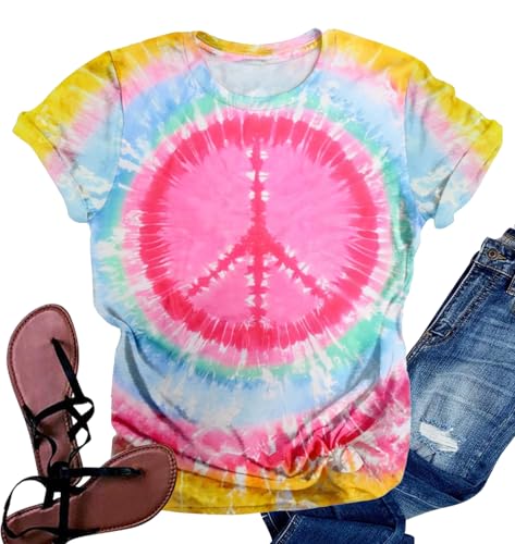 Peace Sign Shirts for Women 60s 70s Flower Hippie Tshirt Inspirational Casual Short Sleeve Tee Tops-Tie Dye XXL