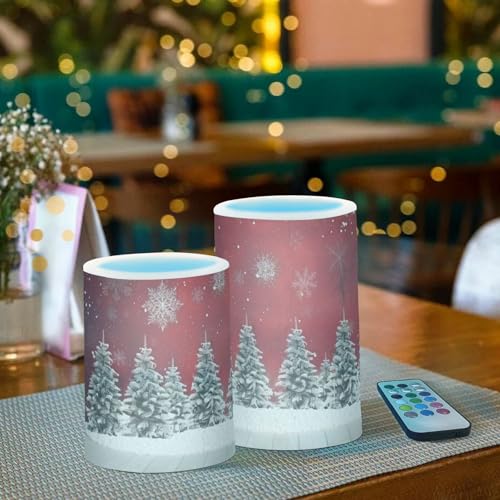 Image of Christmas Lights Flameless Candles Christmas Trees Snowflakes Print Pillar Candles Set of 2 Battery Operated Remote Control Warm Lights Home Decor