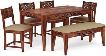 Furnire Carp Solid Sheesham Wood 6 Seater Dining Table with 4 Cushioned Chair and 1 Bench for Home & Office Furniture| Hotel & Dinner | Rectangle Natural Finish