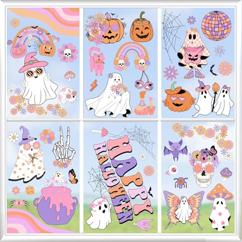 Kreatwow Halloween Groovy Party Decoration 6Pcs Halloween Groovy Window Clings Halloween Window Decorations Happy Halloween Double-Printed Hippie Ghost Boho Rainbow Pumpkin Decal for Home Party