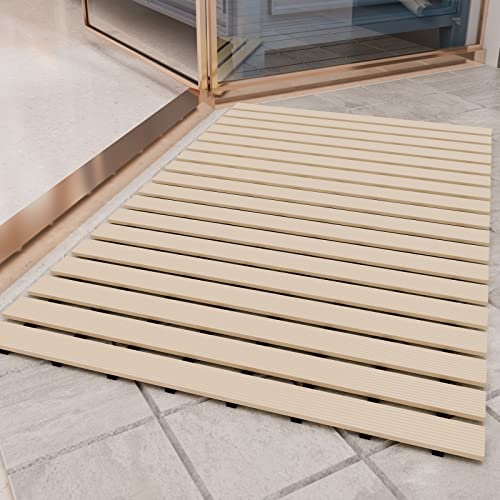PADOOR Shower-Mat Non Slip, Heavy Duty Bathtub-Mat Curlable Quick Drain Sturdy Bath Tub Mat Without Suction Cups for Indoor Outdoor Use 17x26 Inch Beige 17" x 26" (Rectangular) Beige
