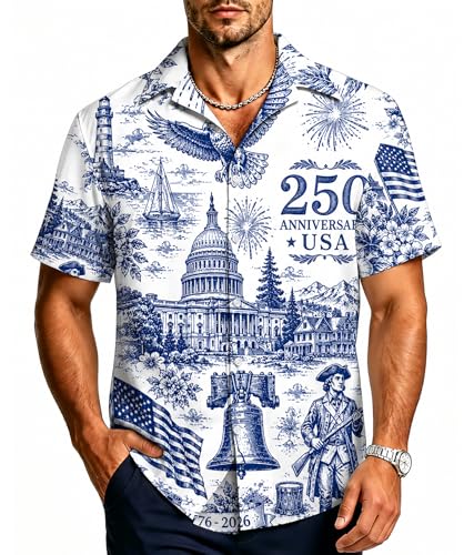 Mens American 250th Anniversary Hawaiian Shirt 4th of July Button Down T-Shirts 1776-2026 Holiday Short Sleeve