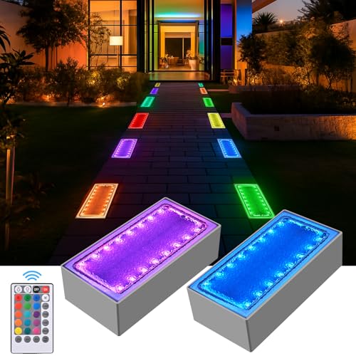 Solar Paver Color Changing Lights, 8x4 Solar Pavers Light Outdoor, Recessed Brick Pathway Lights, IP67 Waterproof Landscape Lighting for Ground,Walkway, Garden, Pool, Patio, Driveway,2 Pack (RGBW)