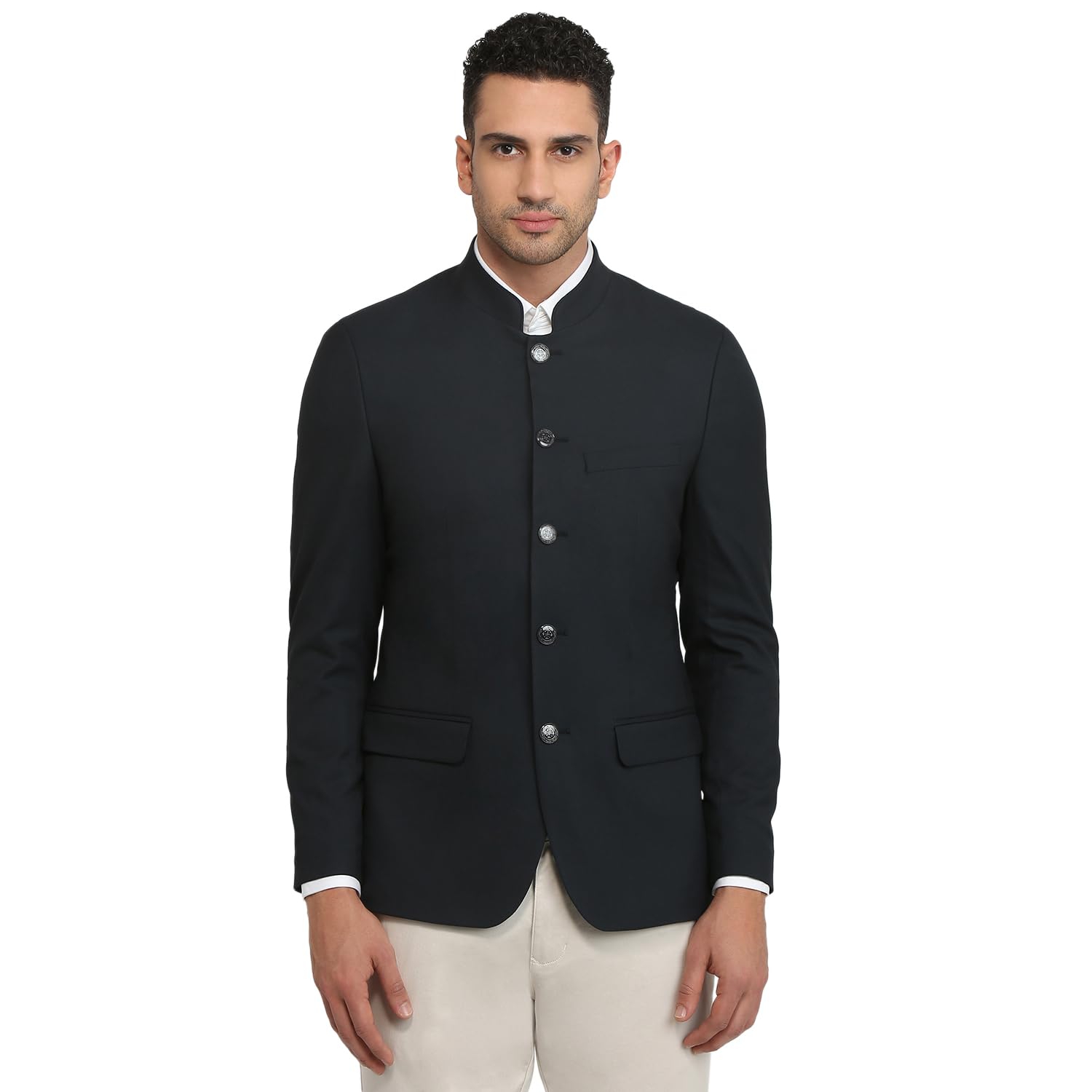 Men Regular Fit Solid Pattern Poly Viscose Blend Stand Collar Full Sleeve Ceremonial Jacket