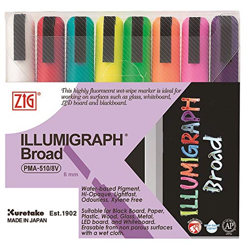 Kuretake ZIG POSTERMAN ILLUMIGRAPH Liquid Markers, 8 Colors pack of 6mm Chisel tip, for Nonporous Chalkboards, Bistro Boards, Glass and Windows