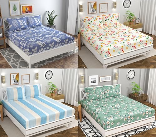Image of HOMEKART Prime+ Combo Pack of 4 Double Bedsheets with 8 Pillow Covers|120 TC Soft Brushed Microfiber -Long Lasting & Wrinkle Free - 220 x 218 Cm Or 7ftx7ft, Green & White & Beige