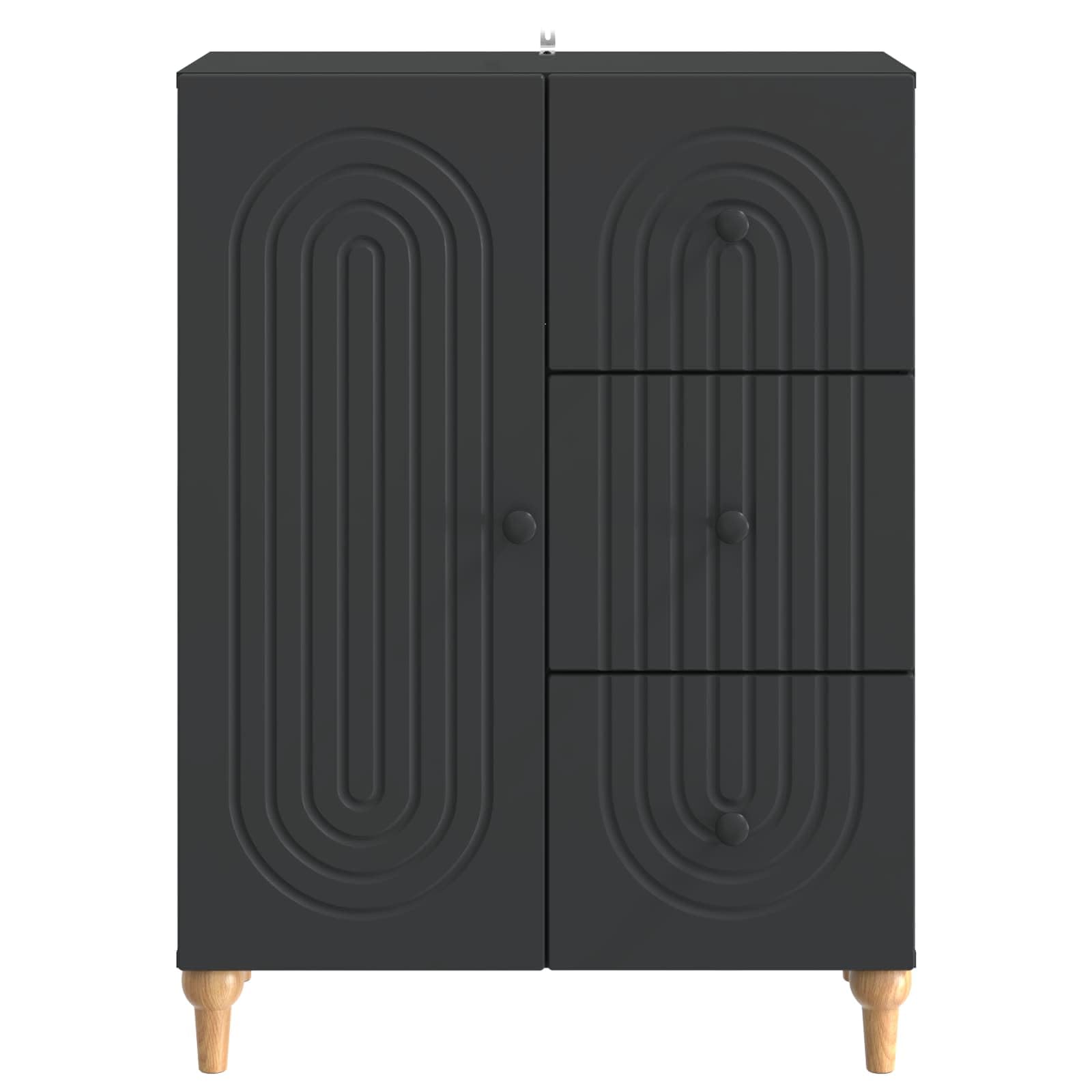 Credenza nera, 66 x 34,5 x 90 cm, in legno con 3 cassetti e porta basculante a 90°, comò versatile per soggiorno, sala da pranzo, corridoio, ufficio