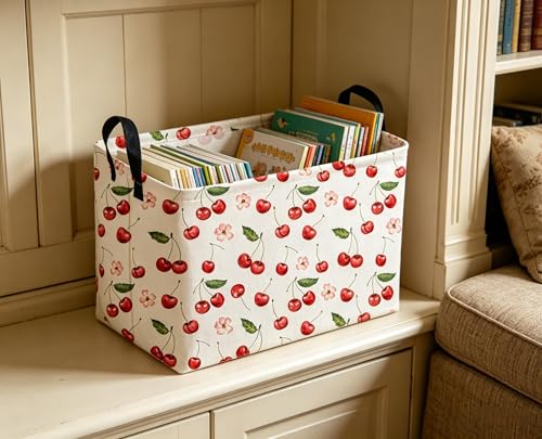 Image of Sanjiaofeng Rectangular Kids Baskets,Pink Cherry Storage Bin,Kids Storage Bins,Collapsible Storage Bin Cute Organizer Box Books Box,Gift Basket,Girl Room Decor(Cherry)
