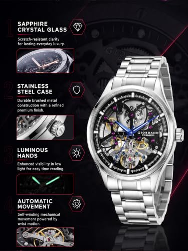 Image of Giordano Premier Fortezza Collection Automatic Watch for Men with Skeleton Round Dial, Luminous Hands and Markers, Stainless Steel Strap - GZ-50225