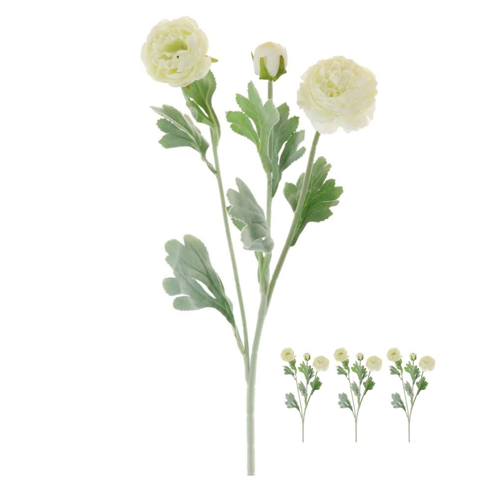 Faux Silk Ranunculus Flower And Leaf Sprays 50cm/20 Inch Pack Of 3 Cream