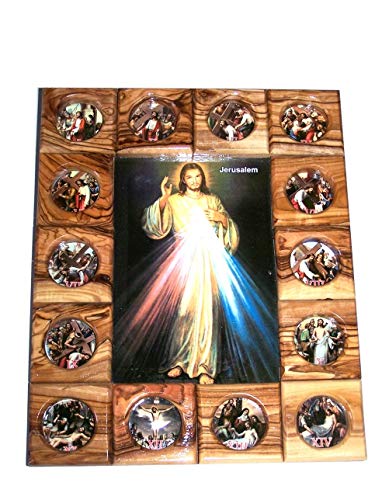 Holy Land Market Stations of The Cross Icon Plaque All in Olive Wood from Bethlehem (29 x 24 cm or 11.5 x 9.5 inches) (Divine Mercy)