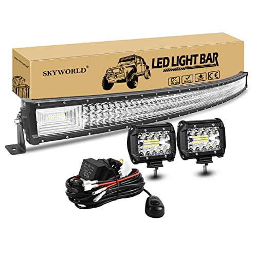 Curved LED Light Bar, SKYWORLD 52 Inch 675W Work Driving Fog Lamp, 2 x 4 Inch 60W Offroad LED Lights + 12V 2 Lead Wiring Harness Cable Kit for Auto Truck Tractors SUV 4x4 Vehicles