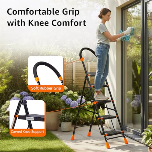 Image of Amazon Basics Curvo - Foldable Step Ladder, Ribbed Steps, Knee Guard, Non-Marring PVC Shoes, 5 Steps (Black & Orange)