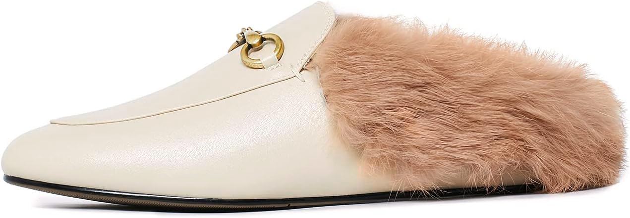Vertundy Fur Mules with Matal Buckle Slip On Flats for Women Backless Sandals Dress Shoes Work Slides - Image 5