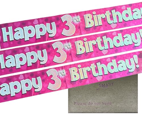 9ft Banner Happy 3rd Birthday Pink Holographic Foil Pennant Age 3