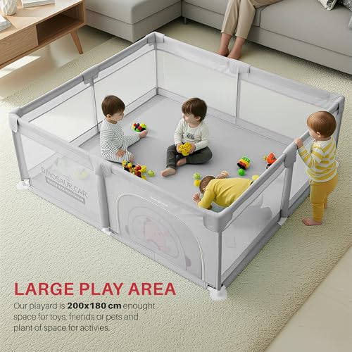 Image of Baybee JoyHub Kids Playpen for Babies | Baby Play Area Indoor Setup with Zipper Door & Toys Pouch | Kids Activity Playards with Corner Protection | Outdoor play pen for baby for 0 - 5 years Boys Girls (200 x 180 CM - Light Grey)