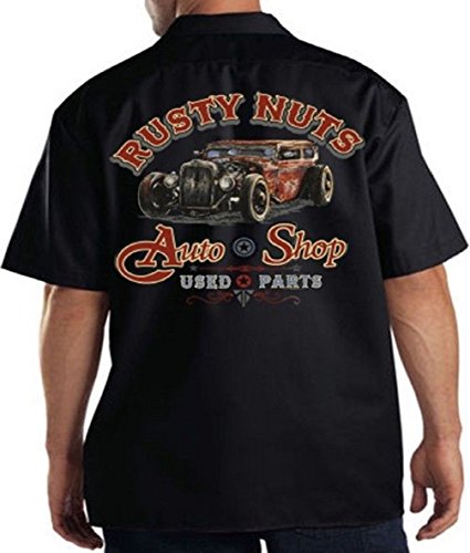 Lucky Ride Rusty Nuts Mechanic Work Shirt Auto Shop Used Parts Classic, Black, X-Large