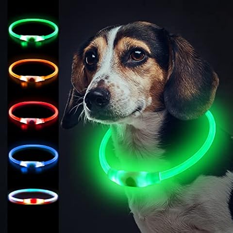 Mardiko Light up Dog Collar Rechargeable Adjustable Length for Small Medium Large Dogs Cats, Flashing LED Puppy Collars Illuminated Dog Collars with 3 Light Modes Waterproof, Green Cover