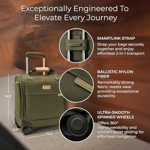Image of Briggs & Riley Cabin Spinner - Carry On Luggage for Travel, Suitcases with Wheels, Softside Rolling Bag for Men & Women, Fits Under Plane Seat, Interlocking Handle - Baseline Collection, Olive
