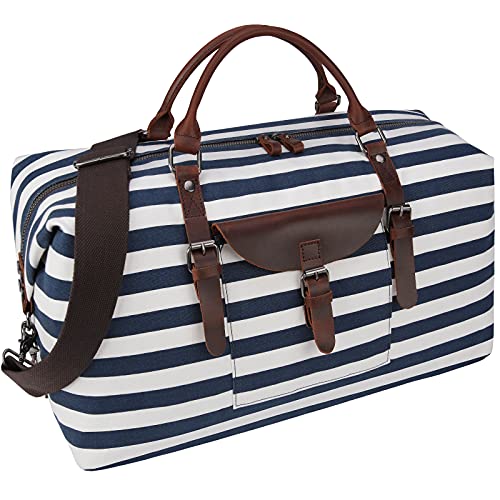 Oversized Travel Duffel Bag Waterproof Canvas Genuine Leather Weekend bag Weekender Overnight Carryon Hand Bag, Blue Stripe