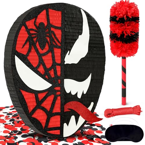 Spider Piata Funny Venom Tongue Shape Pinata for Boys Birthday Celebration Decoration Supplies Includes 24 Bat Stick Eye Mask Rope