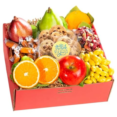 GreatFoods Thank You Fresh Fruit & Sweets Gift Box with Gummie Rings, Sea Salt Caramel, Trail Mix and More, Fruit Basket Gift for Corporate Gifting, Snack Gift Basket, Gourmet Food Gifts, spring gifts Cover