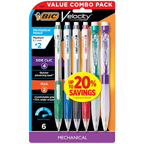 Image of BIC Velocity Mechanical Pencils, With Colorful Barrel, Medium Point (0.7mm), 6-Count Pack Mechanical Pencils With Eraser and Lead Refills