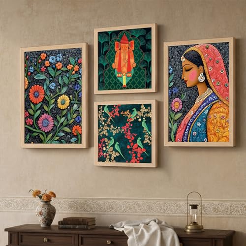 Image of NoWorries Indian Folk Art Wall Frame Set of 4 | Traditional Ethnic Wall Painting Decor | Wooden Framed HD Printed Artwork for Living Room Bedroom Hallway Office Home Decoration