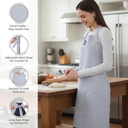 Image of Encasa XO 100% Cotton Apron Set for Women & Men with Adjustable Apron, Oven Gloves & Pot Holder (Pack of 3) Combo, Heat-Resistant, Soft & Durable for Cooking, Baking & Grilling (Ticking Navy Blue)