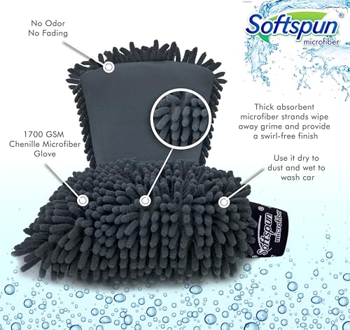 SOFTSPUN Microfiber Chenille & Glass Cloth Mitt, 2 Piece Combo 1700 GSM Grey! Multi-Purpose Super Absorbent and Perfect Wash Cleaning for Bike Auto, Cars Both Interior and Exterior. - Image 3