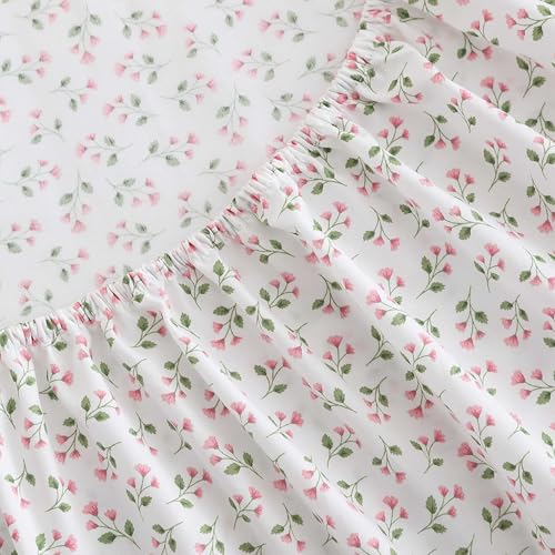 Image of Martha Stewart - Twin Size Sheet Set, Crisp & Tailored Bedding with a Smooth Cotton Percale Feel, Deep Pocket, Bed Sheets with Matching Pillowcase & Fitted Sheet (Kennedy Floral Pink)