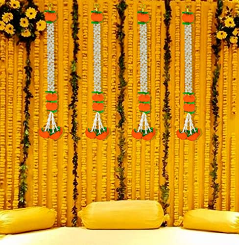 Image of iHandikart Jasmine Artificial Orange Marigold Flower Hanging Garland Traditional Festive Garland for Door, Mandir & Pooja Decor Handmade Floral Decoration | 28 Inch | Pack of 10 (IHK-HV33302-10).