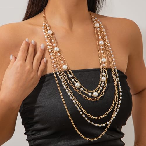 ALEXTINA Long Pearl Necklaces for Women Multiple Layered Necklace Vintage Gold Chain Pearl Strand Necklace for Party 1920s Gatsby Costume Jewelry4