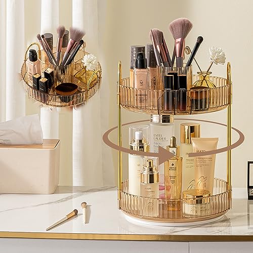 shuang qing Rotating Makeup Organizer for Vanity, High-Capacity Skincare Clear Make Up Storage Perfume Organizers Cosmetic Dresser Organizer Countertop 360 Spinning (Gold, New-2 Tier)