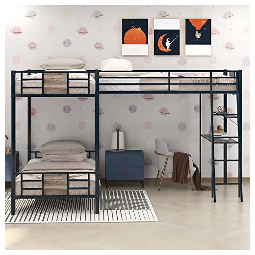 RUNWON Twin-Over-Twin Metal L-Shaped Triple Bunk Bed with a Twin Size Loft Bed and Desk and Shelf for Kids Teens