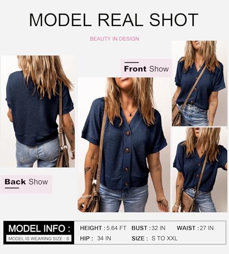 Image of Dokotoo Womens Summer Tops 2026 Waffle Knit Button Down Shirts | Trendy,V Neck,Loose Fit,Jacket,Short Sleeve,Summer Cardigan,Cropped,Shacket,Going Out Outfits,Dressy