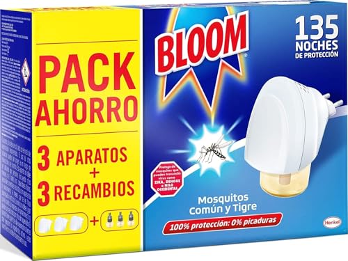 Bloom Insecticida Eléctrico Líquido (3 aparatos + 3 recambios), antimosquitos 6 en 1, insecticida contra y mosquitos común y tigre, hasta 135 noches de protección completa