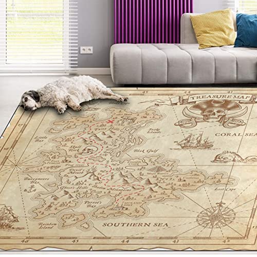 Oueoty Alfombra vintage con diseño de piratas, mapa del tesoro, brújula, para sala de estar, dormitorio, 180 x 275 cm