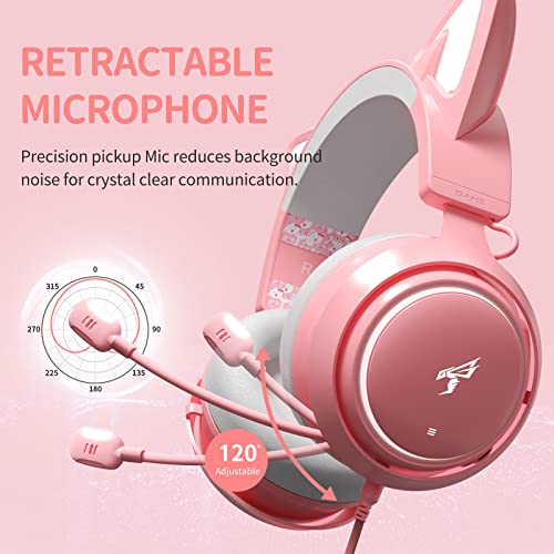 SOMIC Gaming hoofdtelefoon met microfoon, kat oor hoofdtelefoon, 3,5 mm bedrade hoofdtelefoon met intrekbare microfoon ruisonderdrukking, voor Xbox One, PS5, PS4, PC, roze - Afbeelding 7