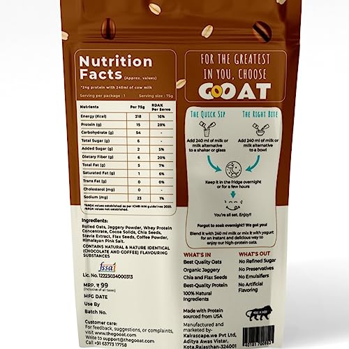 Image of GoOAT - Overnight Oats, 75gm | Mocha Marvel 24g Protein | Ideal for Weight Management | No Refined Sugar | Gluten Free Oats | 100% Natural Breakfast Cereal | Spoonfree Oatmeal